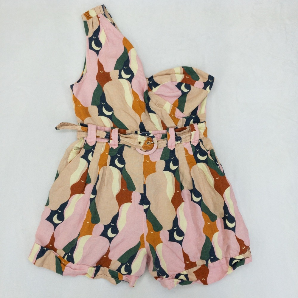 Farm Rio The Kiss Romper Womens Large Pink Abstract One Shoulder Belted Linen